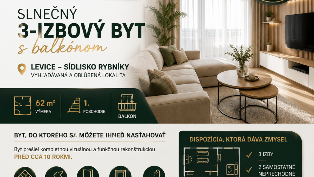 🏡 PRIPRAVUJEME DO PREDAJA | LEVICE – RYBNÍKY I ✨ SLNEČNÝ 3-IZBOVÝ BYT S BALKÓNOM