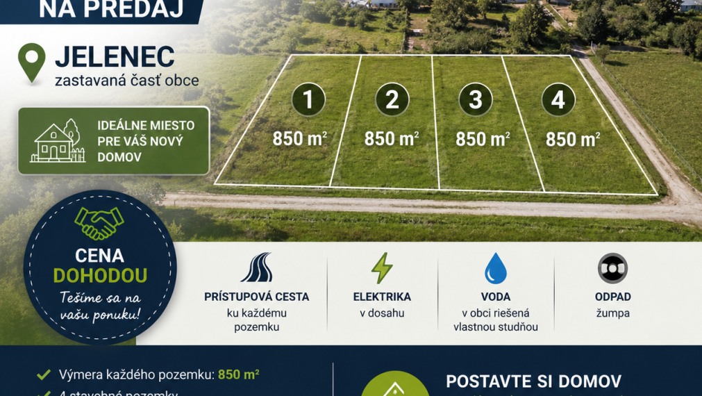 4 STAVEBNÉ POZEMKY NA PREDAJ – JELENEC