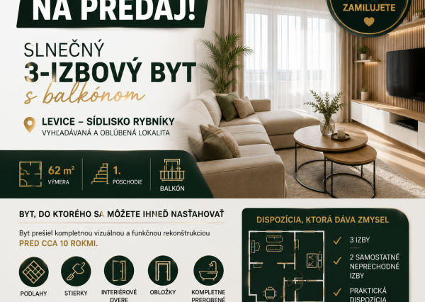 🏡 PRIPRAVUJEME DO PREDAJA | LEVICE – RYBNÍKY I ✨ SLNEČNÝ 3-IZBOVÝ BYT S BALKÓNOM